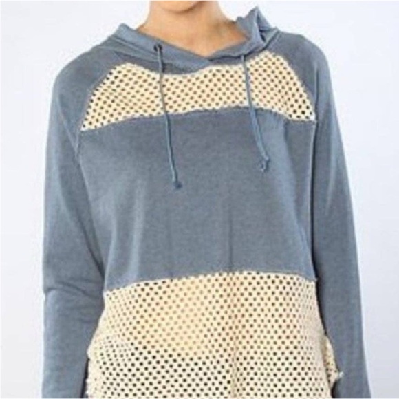 Free People Crochet Panel Blue Pullover Hoodie Sweatshirt Medium - Picture 2 of 13